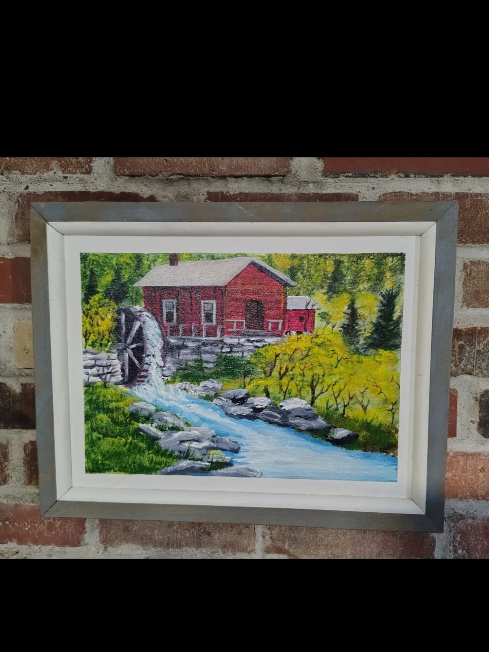 Vintage American Rural Landscape Grist Mill House Painting Rustic Framed